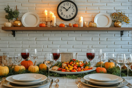 A beautifully arranged dinner table features a roasted turkey centerpiece surrounded by pumpkins, corn, and candles, creating a warm atmosphere for the autumn celebration.の素材