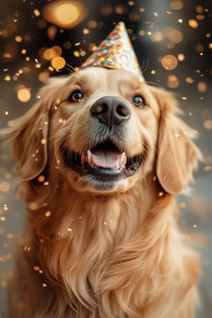 A golden retriever wears a festive party hat while surrounded by swirling autumn leaves. The dog looks joyful, basking in the warmth of a sunny day.の素材
