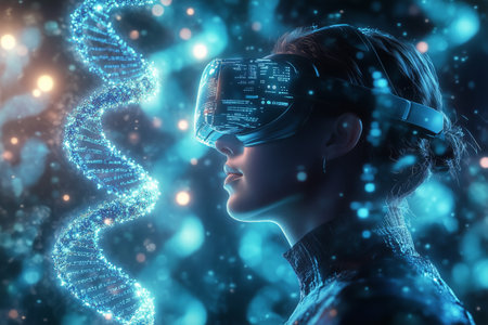 A person wearing advanced virtual reality goggles stands in an immersive, futuristic environment filled with glowing particles and digital elements.の素材