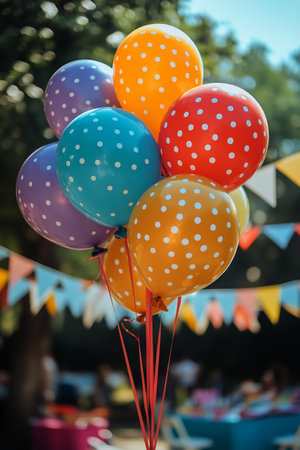 A bunch of vibrant, polka-dotted balloons in various colors signifies a festive atmosphere at an outdoor celebration on a sunny day, decorated with bunting in the background.の素材