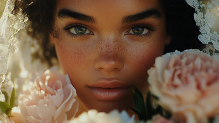 A young woman with freckled skin gazes softly at the camera while adorned in delicate lace and surrounded by blooming peonies, basking in warm sunlight.の素材
