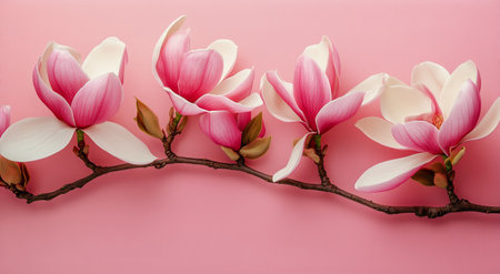 Soft pink magnolia flowers gracefully open against a pastel backdrop, showing their delicate petals and charming beauty typical of a vibrant spring day.の素材