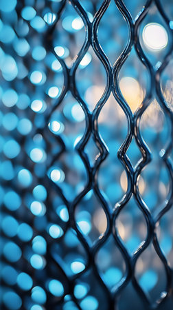 Delicate wire mesh forms an abstract pattern while city lights blur softly in the background, creating a captivating evening atmosphere.の素材
