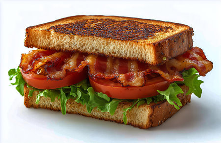 Delicious sandwich features crispy bacon layered with fresh lettuce and ripe tomatoes, served between two slices of perfectly toasted bread.の素材