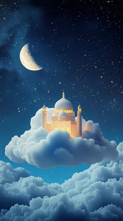 A luminous mosque is nestled among soft clouds, illuminated by warm lights. The night sky sparkles with stars, and a crescent moon gracefully hangs above, creating a serene atmosphere.の素材