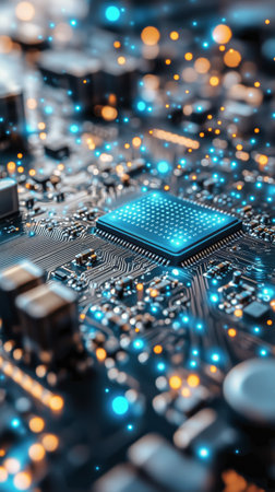 Close-up view of an intricate circuit board featuring a microchip surrounded by glowing lights and electronic components, showing advanced technology and innovation.の素材