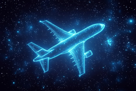 A glowing airplane graphic is suspended in a starry cosmos, illuminated in vibrant neon colors. The sleek design highlights the contours and structure of the aircraft beautifully.の素材