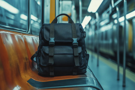 A black leather backpack rests on a seat in an empty subway train. Natural light filters through the windows, illuminating the interiors minimalist design.の素材