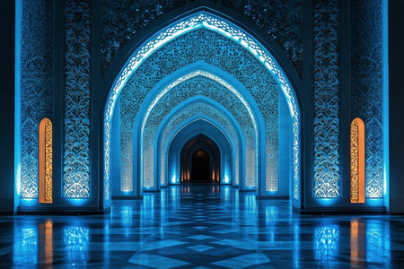 A stunning interior space features intricately designed arches illuminated by blue lighting, creating a serene and enchanting atmosphere. The polished floor reflects the artistry above.の素材