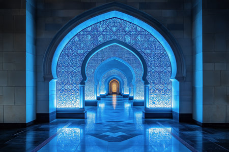 A stunning interior space features intricately designed arches illuminated by blue lighting, creating a serene and enchanting atmosphere. The polished floor reflects the artistry above.の素材