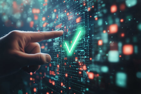 A hand points at a bright green checkmark symbol surrounded by shimmering particles in a dark environment, showcasing a digital approval or confirmation action.の素材