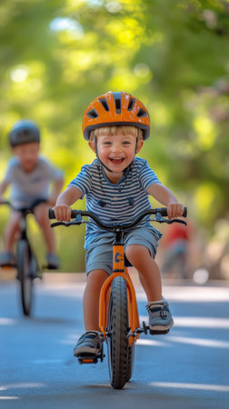 Two joyful children ride their bicycles along a winding path surrounded by vibrant greenery under bright sunlight.の素材