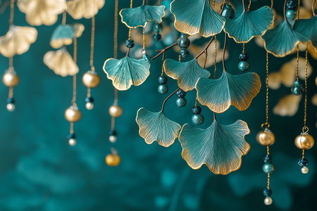 Ginkgo biloba leaves in rich teal with gold edges dangle gracefully from thin chains, creating an elegant decor piece that enhances the ambiance of any setting.の素材