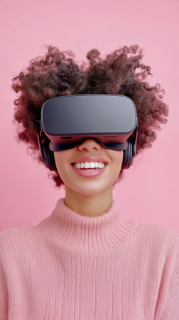 A woman smiles broadly while wearing virtual reality goggles in a vibrant pink background. She appears immersed and excited, highlighting the enjoyment of modern technology.の素材