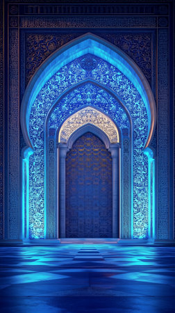 A captivating archway glows with blue lights, showing intricate patterns in an elegant space. The atmosphere invites exploration into the mysterious, beautifully decorated corridor.の素材