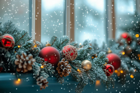 Beautifully arranged holiday decorations feature red and gold ornaments among pine branches and pinecones. Snow falls gently outside, creating a warm winter atmosphere.の素材
