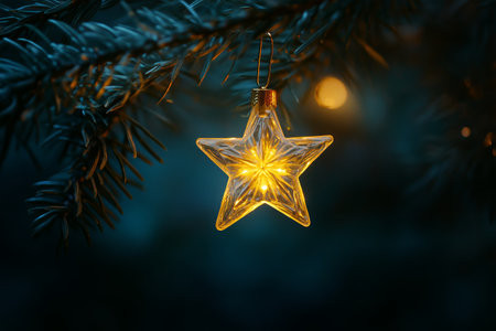 A decorative star ornament with warm lights hangs from a pine tree branch, casting a soft glow in the cool winter evening atmosphere, showcasing holiday spirit.の素材