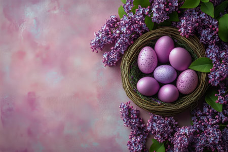 A basket filled with purple eggs is placed among blooming lilac flowers on a pastel pink wooden table, capturing the essence of spring celebrations and floral beauty.の素材