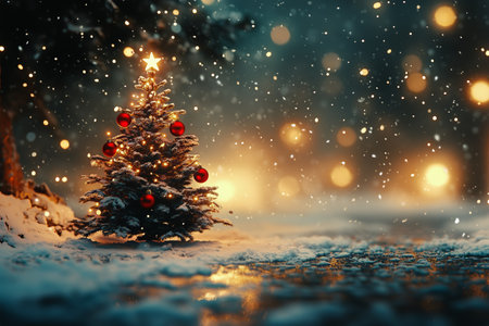 Red ornaments hang from a Christmas tree, softly illuminated by warm lights while delicate snowflakes fall in a serene winter evening atmosphere.の素材
