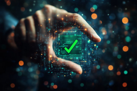 A hand gently touches a glowing green check mark on a futuristic digital interface surrounded by floating light particles and data streams. The atmosphere feels advanced and interactive.の素材