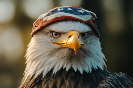 A proud bald eagle stars confidently while wearing a red, white, and blue hat. The warm light of golden hour enhances its striking features and fierce gaze.の素材