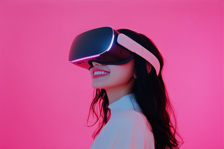 A woman with long hair smiles while immersed in a virtual reality experience. Bright pink lighting enhances the atmosphere, creating a modern and engaging environment.の素材