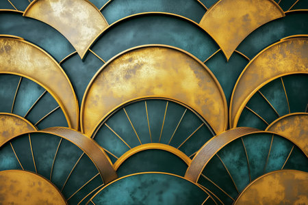 A beautiful wall design showcases a series of textured golden shapes on a teal backdrop. The intricate patterns create a visually captivating and elegant atmosphere in the space.の素材