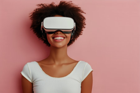 A joyful person with curly hair enjoys an immersive experience using a virtual reality headset. The vibrant pink wall adds a lively touch to the atmosphere.の素材