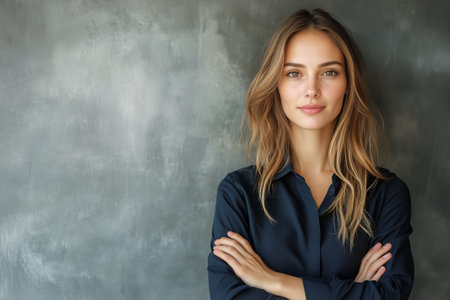 A woman stands confidently with her arms crossed, dressed in a dark blue shirt. Her hair falls loosely around her shoulders, and she exudes poise and self-assurance.の素材