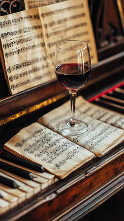 A glass of red wine sits on open sheet music placed on a grand piano, surrounded by soft lighting. The ambiance suggests a relaxing evening dedicated to music and enjoyment.の素材