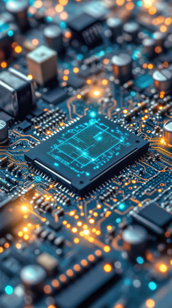 Close-up view of an intricate circuit board featuring a microchip surrounded by glowing lights and electronic components, showing advanced technology and innovation.の素材