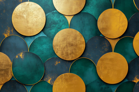 Intricate wall decoration showcases a blend of teal and gold circular patterns, creating a striking visual effect. Perfect for adding elegance to modern interiors.の素材