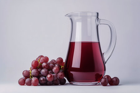A glass and a pitcher hold a vibrant red beverage, accompanied by fresh grapes and green leaves. The arrangement is set against a soft blue backdrop, creating a serene atmosphere.の素材
