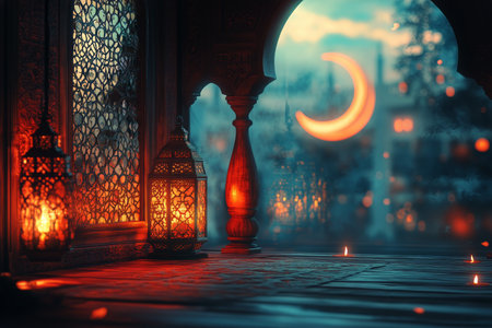 Lanterns hang gracefully by an ornate window, revealing a mystical twilight outside. The crescent moon illuminates the night, adding to the enchanting atmosphere.の素材