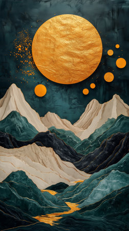 A golden striking sun shines brightly, casting rays over towering mountains with a mix of green and icy blue tones. The sky features a deep, rich color, hinting at dusk.の素材