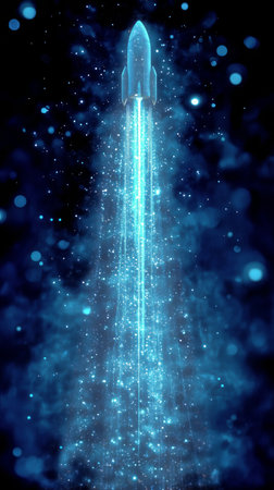 A rocket ascends into the night sky, emitting a vibrant blue trail of particles and sparks. The backdrop is filled with twinkling stars, creating a stunning visual effect.の素材