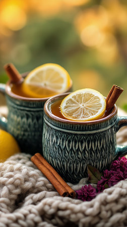 Two decorative mugs filled with a warm drink feature lemon slices and cinnamon sticks, placed on a cozy knit blanket outdoors with a blurred natural background.の素材
