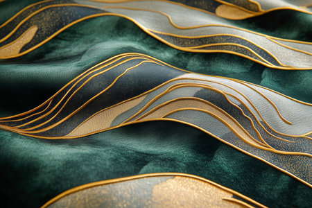 Soft green textile displays intricate golden patterns with flowing waves. This fabric highlights fine craftsmanship, ideal for fashion and interior design projects.の素材