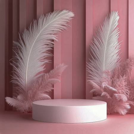 A stylish display of pampas grass stands in a minimalist round pedestal, illuminated by soft beams of light on a muted background, creating a serene atmosphere.の素材