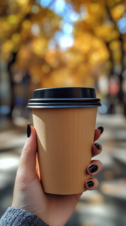 A person holds a steaming cup of coffee while walking through a bustling city street filled with soft evening lights. The atmosphere is vibrant and cozy.の素材
