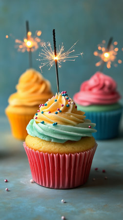 Three vibrant cupcakes in orange, purple, and blue showcase sparklers on top, creating a festive atmosphere perfect for a birthday or special occasion.の素材