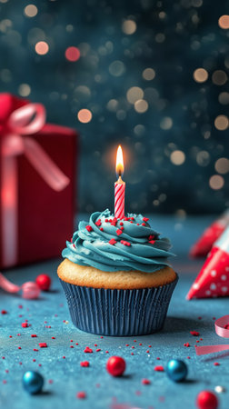 A colorful cupcake with blue frosting and a lit candle sits amidst festive decorations. A present and party hat add to the cheerful atmosphere, perfect for celebrating a birthday.の素材
