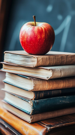 A shiny red apple sits atop a stack of classic books resting on a wooden surface in a bright classroom. The background features a chalkboard with educational notes.の素材