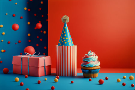 Brightly colored cupcake and festive decorations create a joyful atmosphere for a birthday party, featuring bold red and blue elements along with playful shapes and textures.の素材