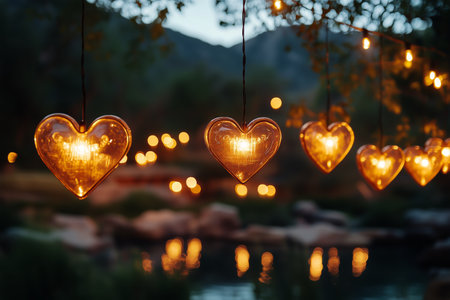 Heart-shaped lights hang gracefully from tree branches, casting a warm glow across the tranquil outdoor area as the sun sets in the background, creating a cozy atmosphere.の素材