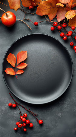 Colorful autumn leaves surround a black plate featuring a decorative arrangement of red berries and small seeds. This setup highlights seasonal changes and natures beauty.の素材