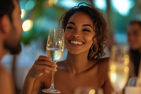 A woman beams with happiness while holding a glass of sparkling drink in a sophisticated restaurant setting. Ambient lights create a warm and festive atmosphere around her.の素材