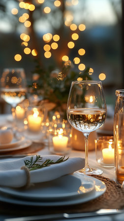 An enchanting outdoor table set for dining with warm string lights and glassware, creating a cozy atmosphere during the evening. Flowers and candles add a romantic touch.の素材