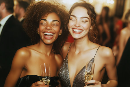 Two women in elegant dresses laugh joyfully while holding champagne glasses at a festive evening event, illuminated by soft, warm lights.の素材