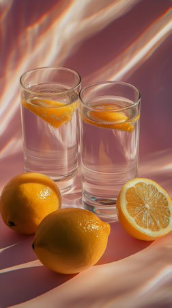 Two clear glasses filled with water and garnished with lemon slices are placed on a table radiating warm sunlight, creating a refreshing and inviting atmosphere.の素材